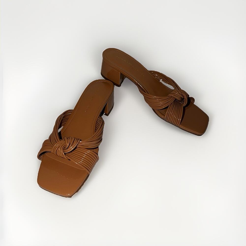 Tommy Hilfiger Philie Knotted Crisscross Block Heel Mule Sandals Tan Camel 8.5M